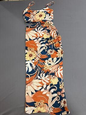 Lulus Women’s Blue/White/orange Floral Stretchy Maxi Dress with cutouts Sz MD